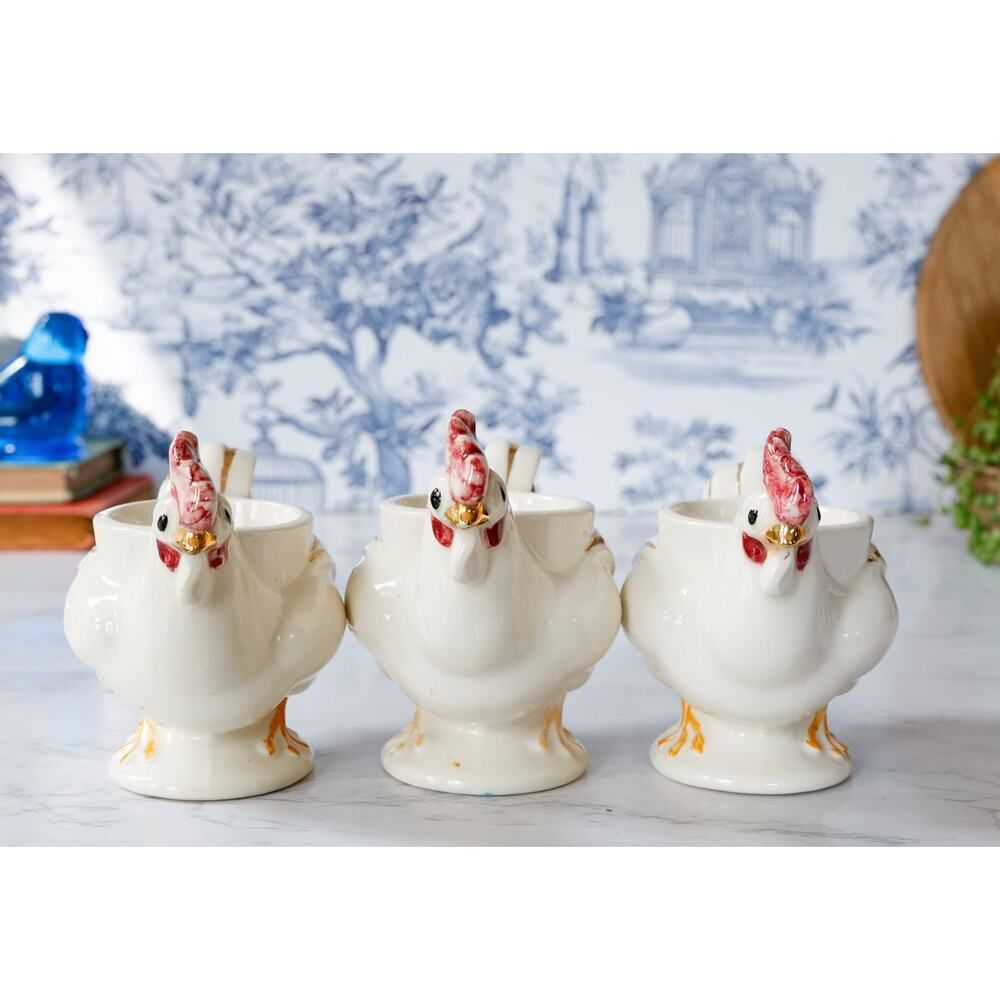 VTG Chicken Hen Rooster Egg Cup Holders Set of 3 Cottage Farmhouse Retro Brunch - Picture 3 of 15